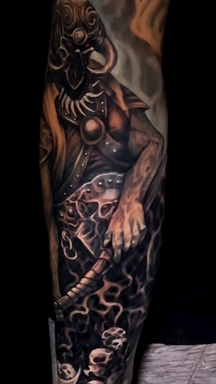 Viking warrior with axe realism tattoo by Aaron Moonan🩸Tattoo Artist NY