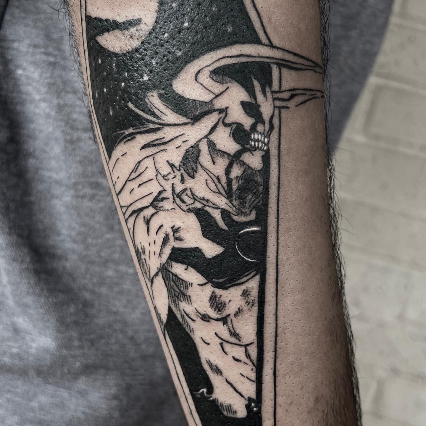 Astronaut black and grey tattoo on the forearm by Jon Crook, Portland, Oregon