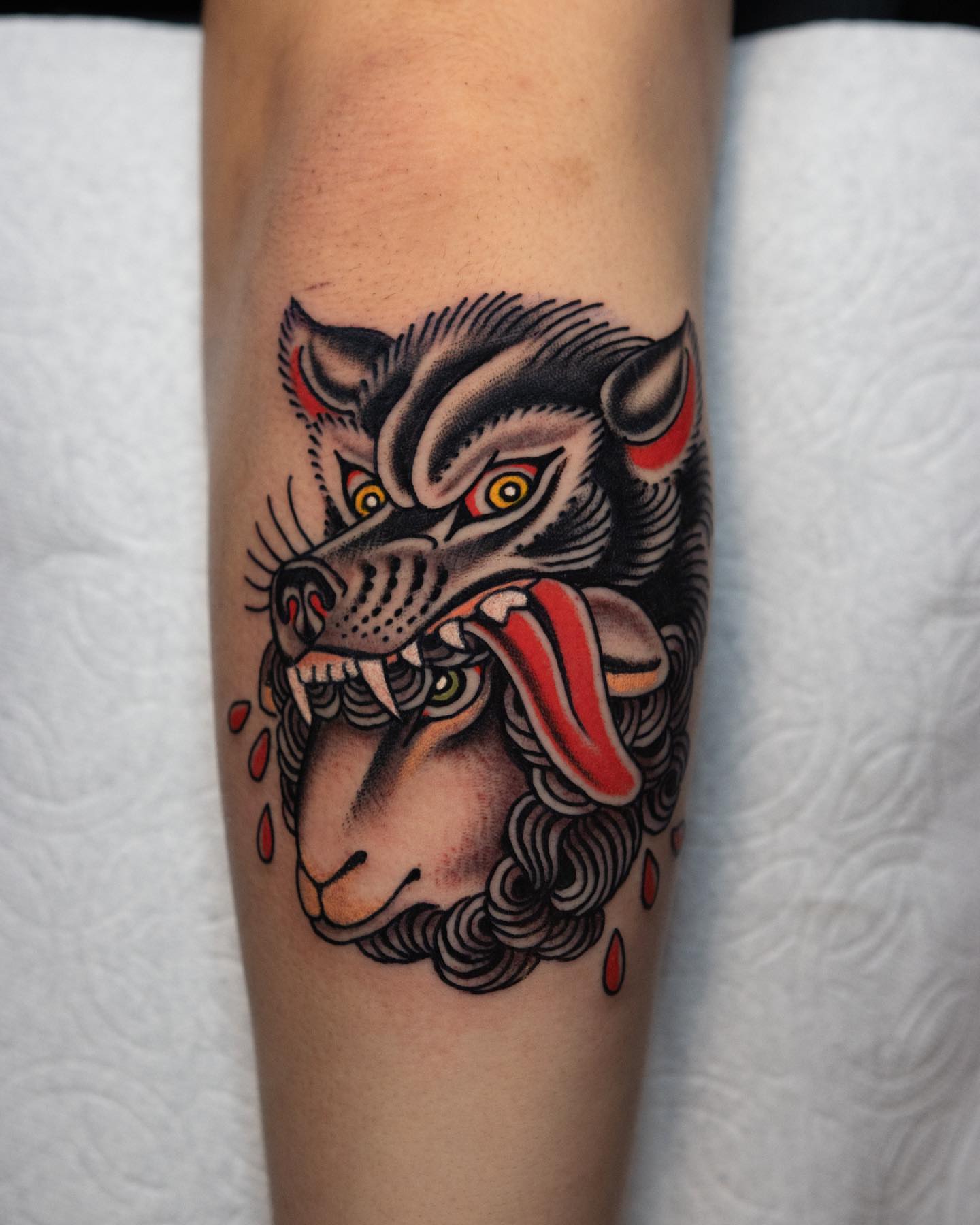 Wolf American traditional tattoo on the forearm by Danny Derrick, San Luis Obispo, California