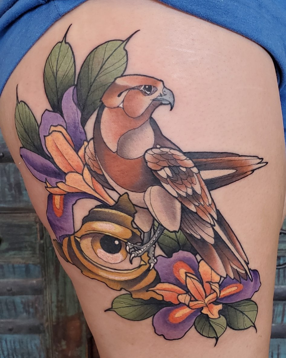 Hawk and flowers realism tattoo on the thigh by Brian Savage, Gilbert, Arizona