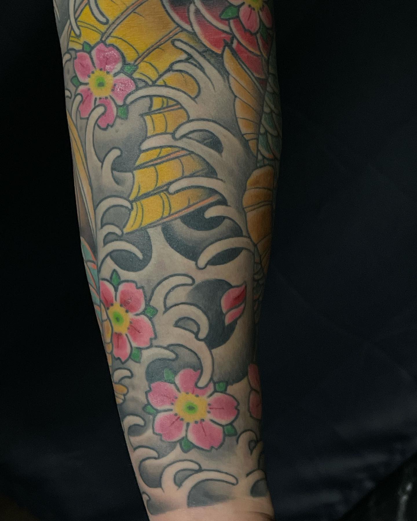 Geisha mask with flowers japanese irezumi tattoo on the forearm by Mark Thompson, Dallas, Texas