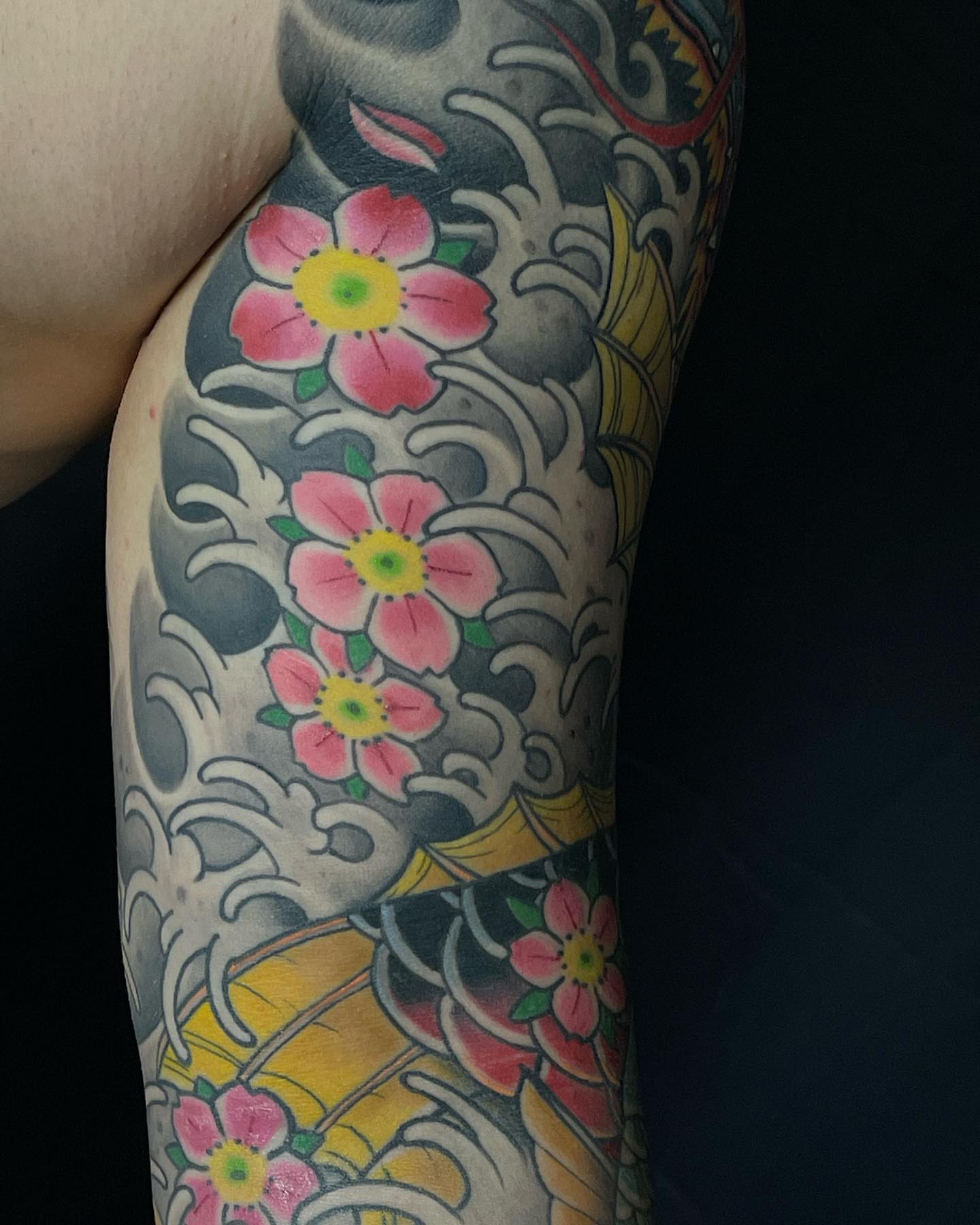 Cherry blossoms japanese irezumi tattoo on the forearm by Mark Thompson, Dallas, Texas