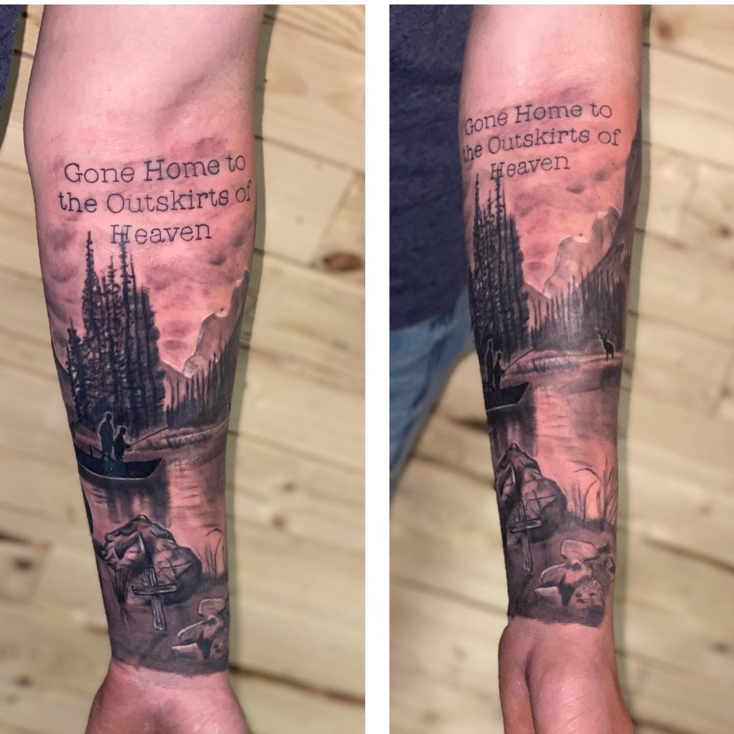 Landscape and trees realism tattoo on the forearm by Zach Ashton
