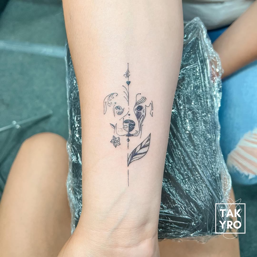 Dog portrait with floral elements realism tattoo on the forearm by Takyro