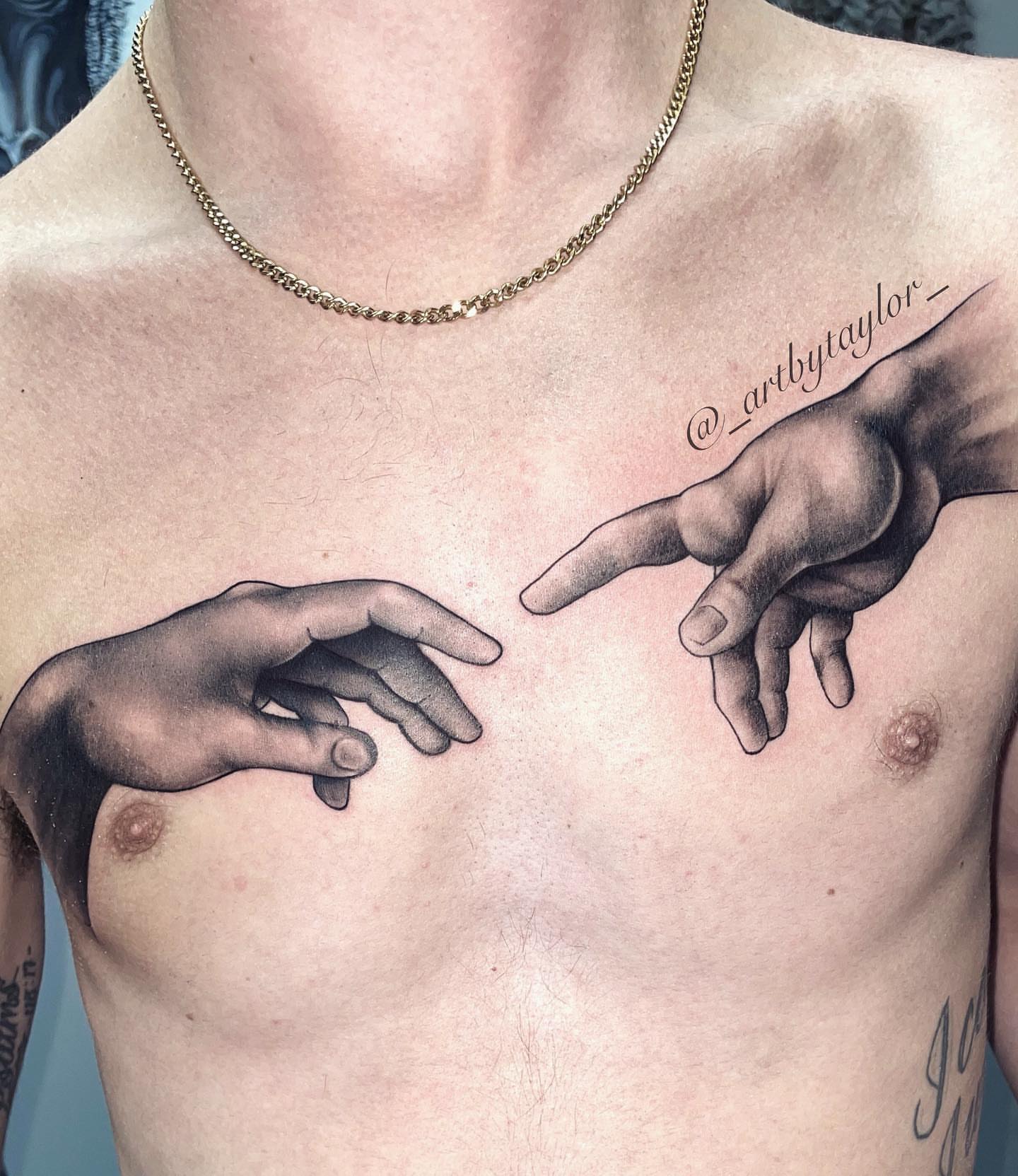 Hands reaching black and grey tattoo on the chest by Taylor✍🏽️