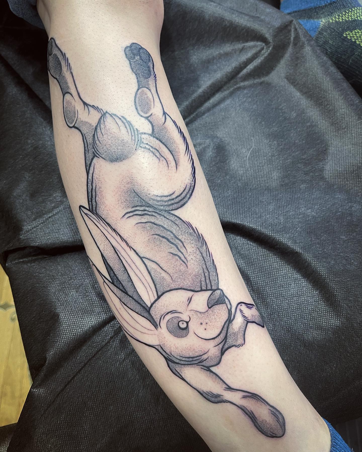 Bunny dotwork tattoo on the forearm by Ben Viamontes