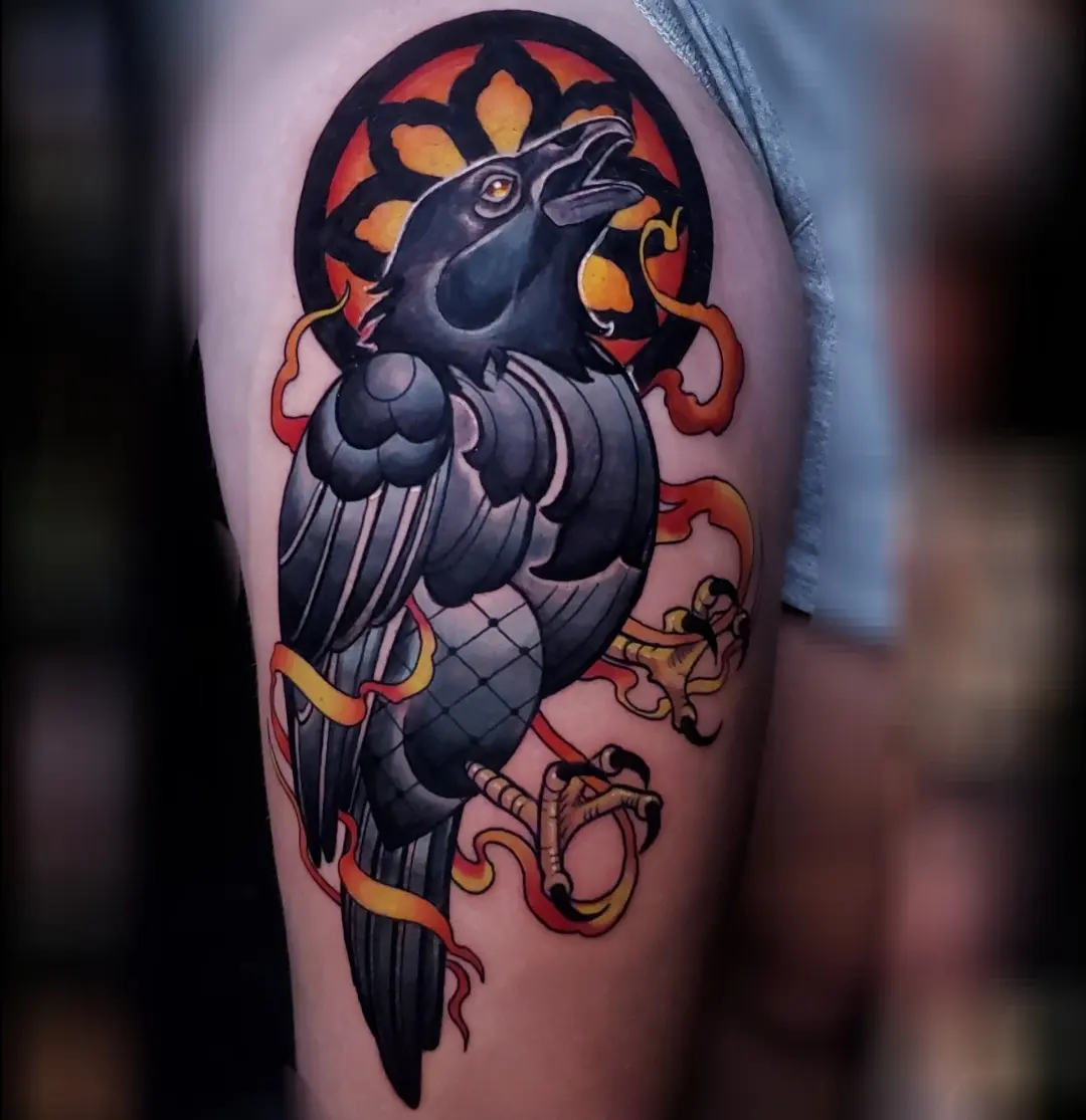 Crow American traditional tattoo on the forearm by BoogaInk