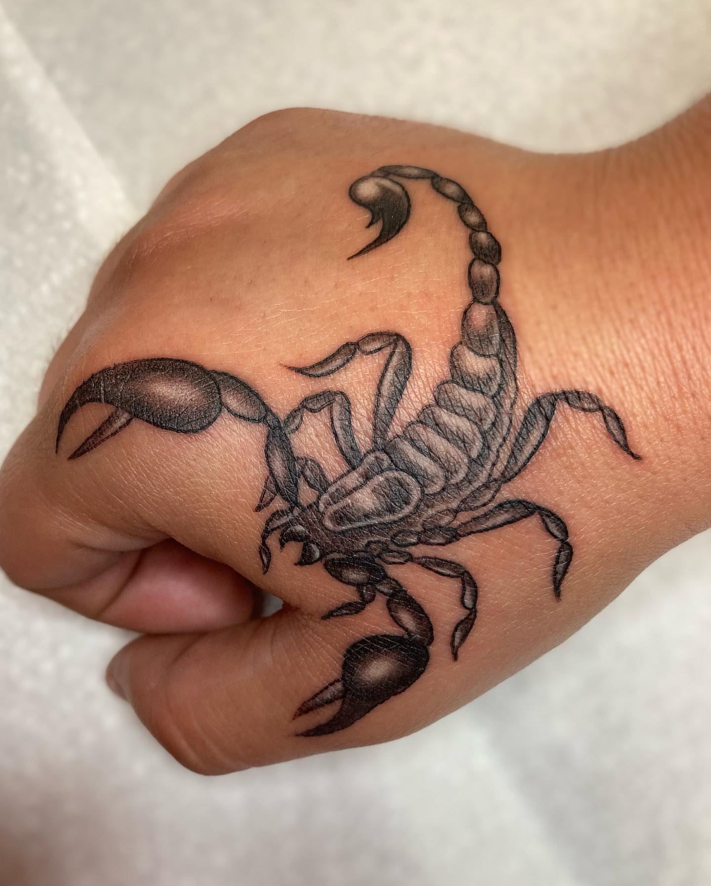 Scorpion black and grey tattoo on the hand by Hali Larkin