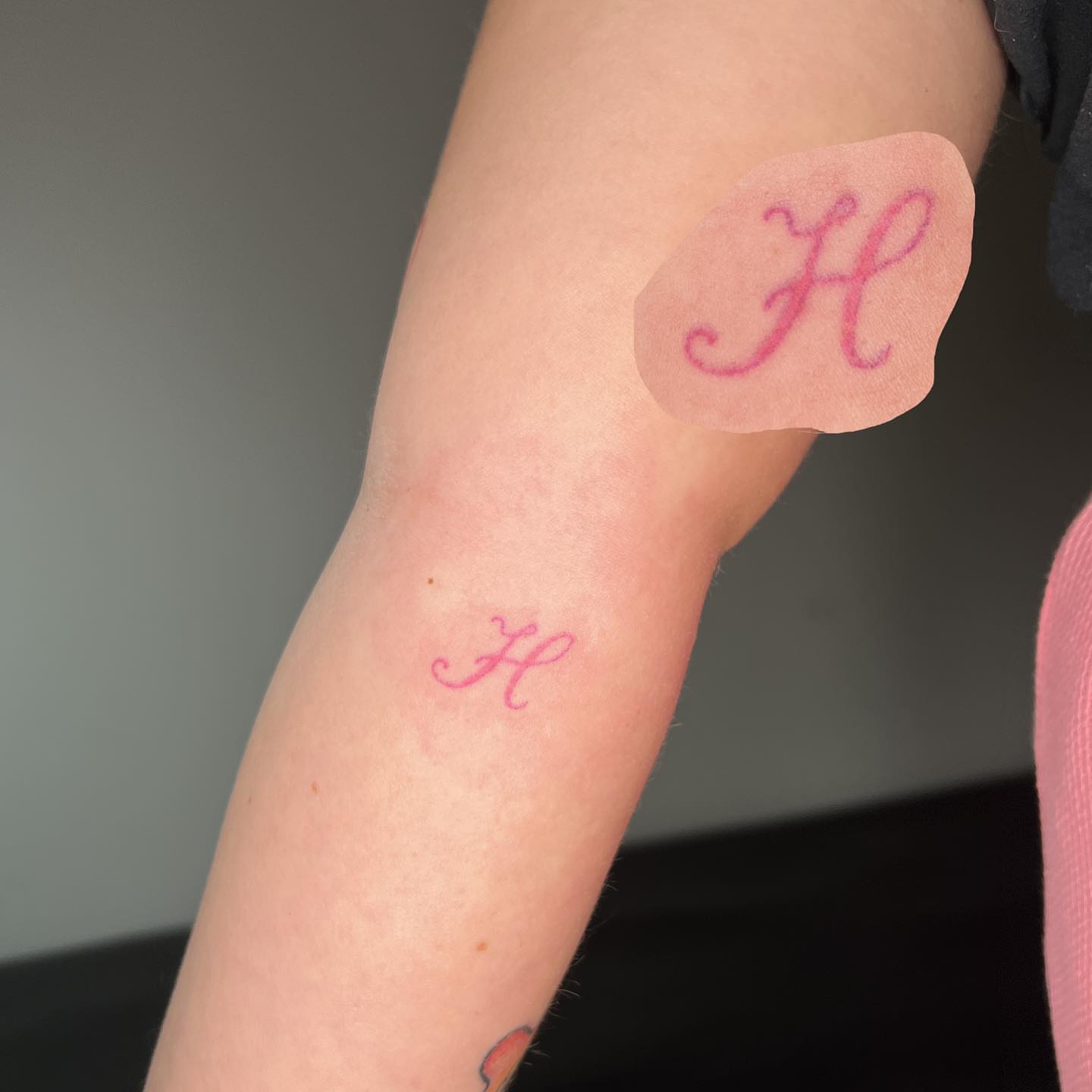 Letter H lettering script tattoo on the forearm by mars
