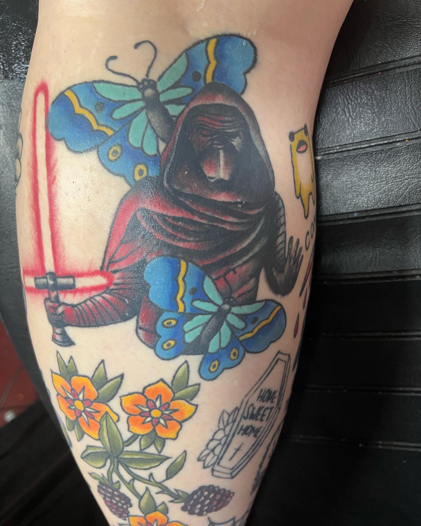 Kylo Ren with butterflies new school tattoo on the forearm by IdleHandsFlex, New Orleans, Louisiana