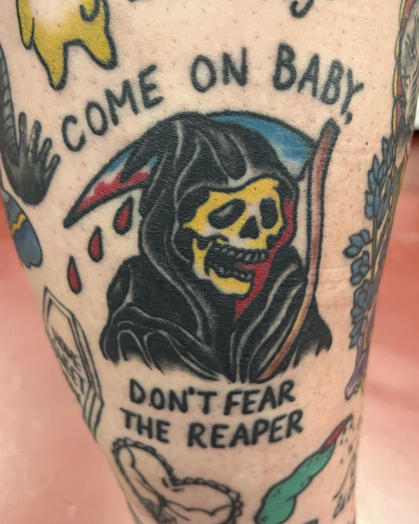 Reaper skull American traditional tattoo on the forearm by IdleHandsFlex, New Orleans, Louisiana