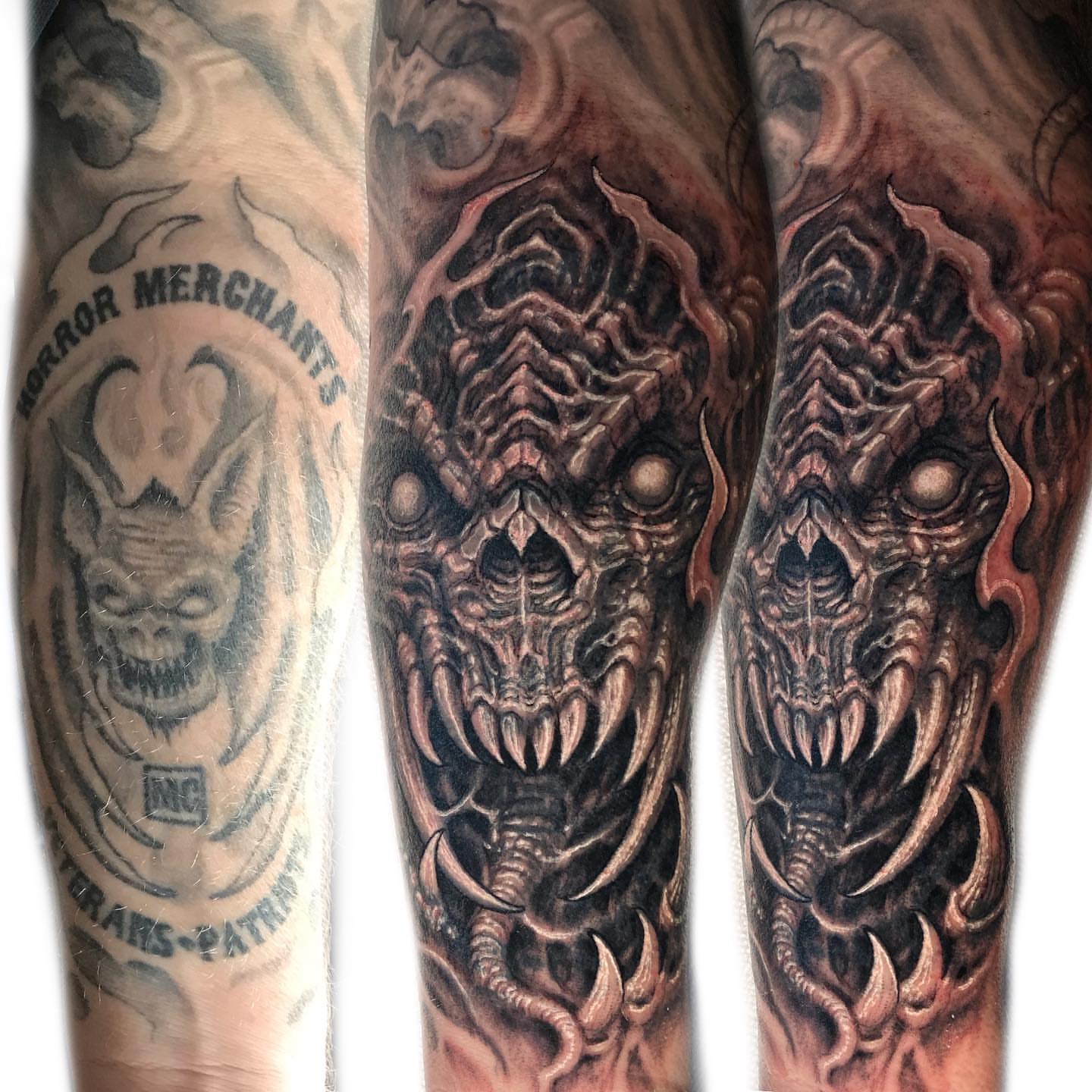 Demon head dark realism tattoo on the forearm by Jason Wheelwright