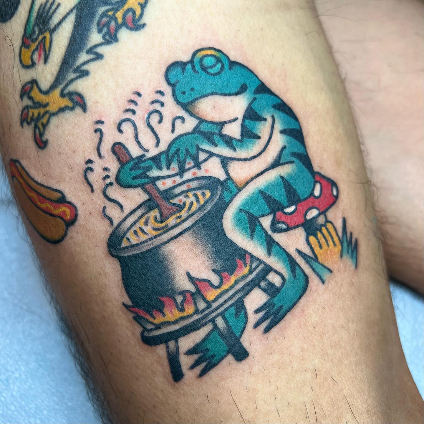 Frog cooking American traditional tattoo on the thigh by 🍓miranda joon bradbury🍓