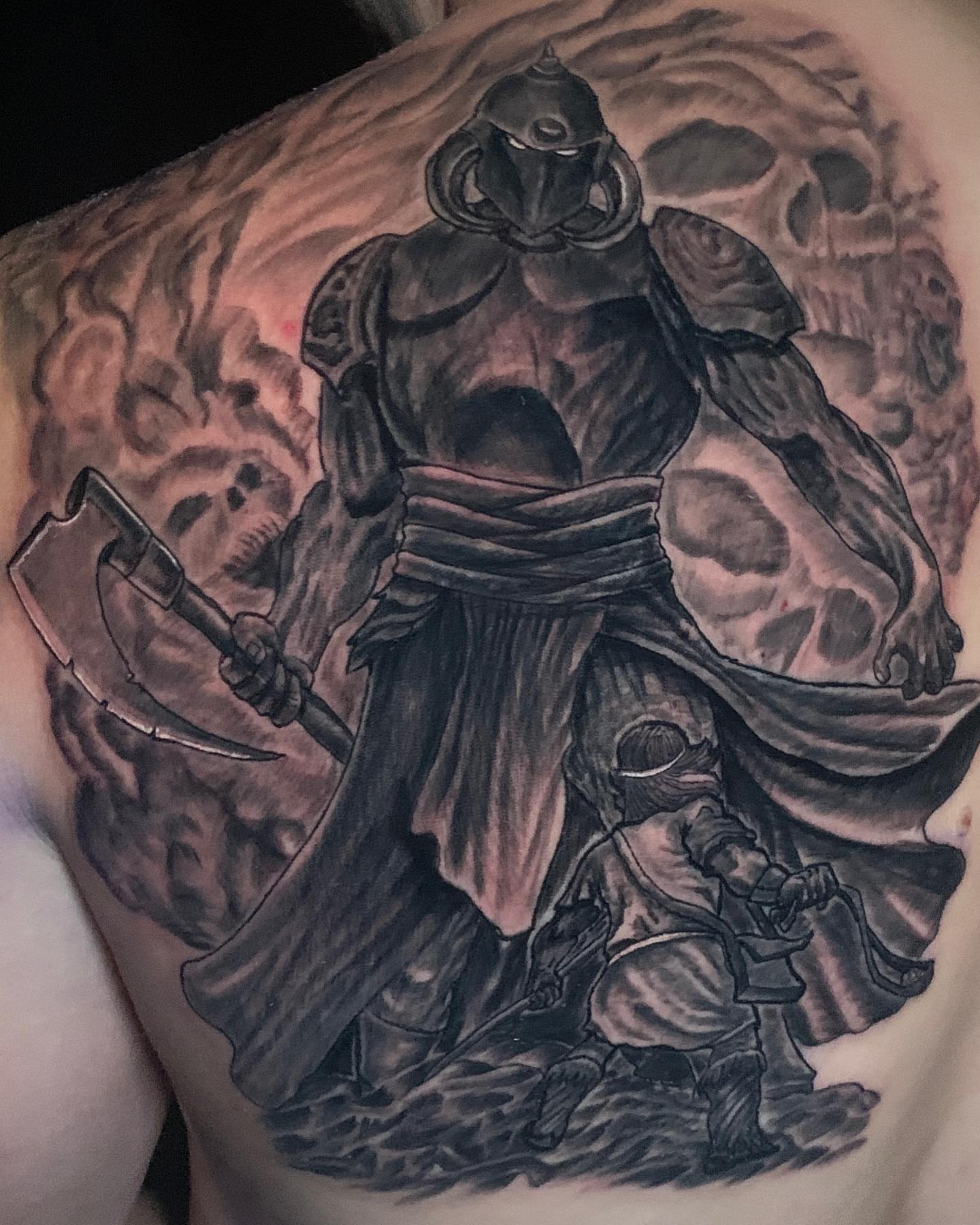 Grim reaper dark realism tattoo on the chest by Jason L.