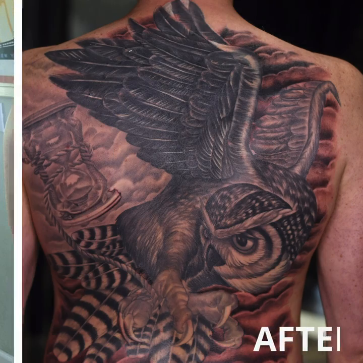 Owl and hourglass realism tattoo by Amaury Ramirez