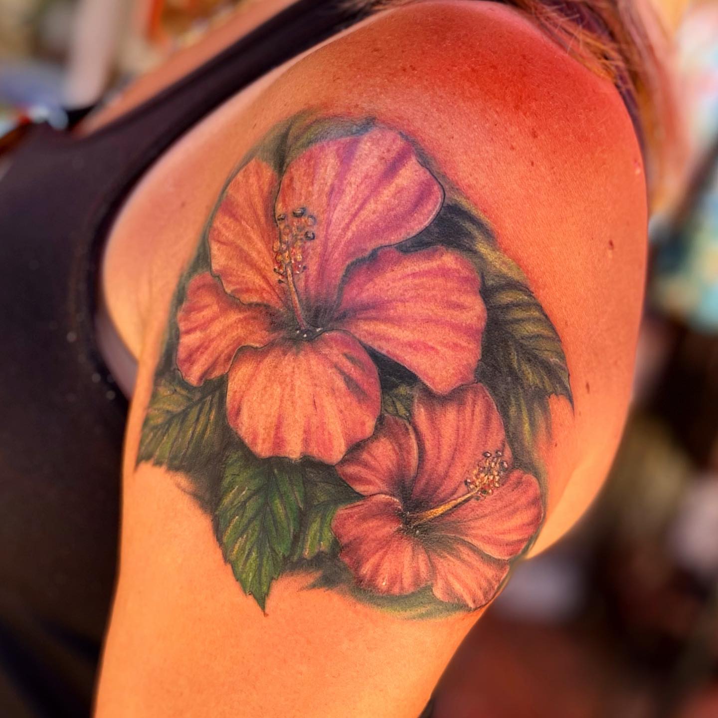 Hibiscus flowers realism tattoo on the shoulder by Sela ✨Las Vegas Tattoo Artist
