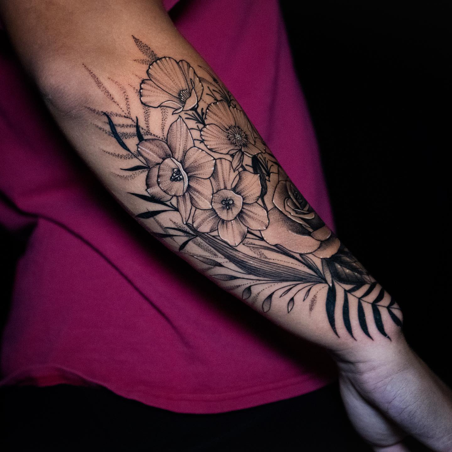 Floral bouquet realism tattoo on the forearm by all gas no brakes! no days off!