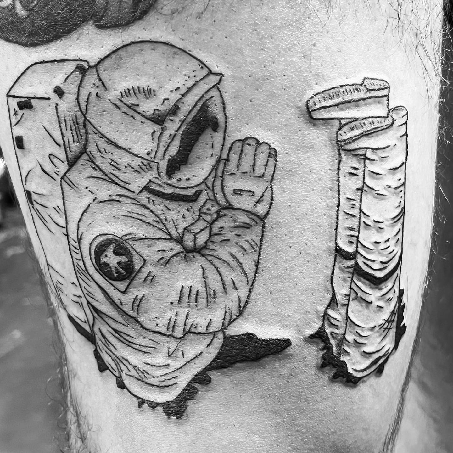 Astronaut black and grey tattoo on the forearm by IdleHandsFlex, New Orleans, Louisiana