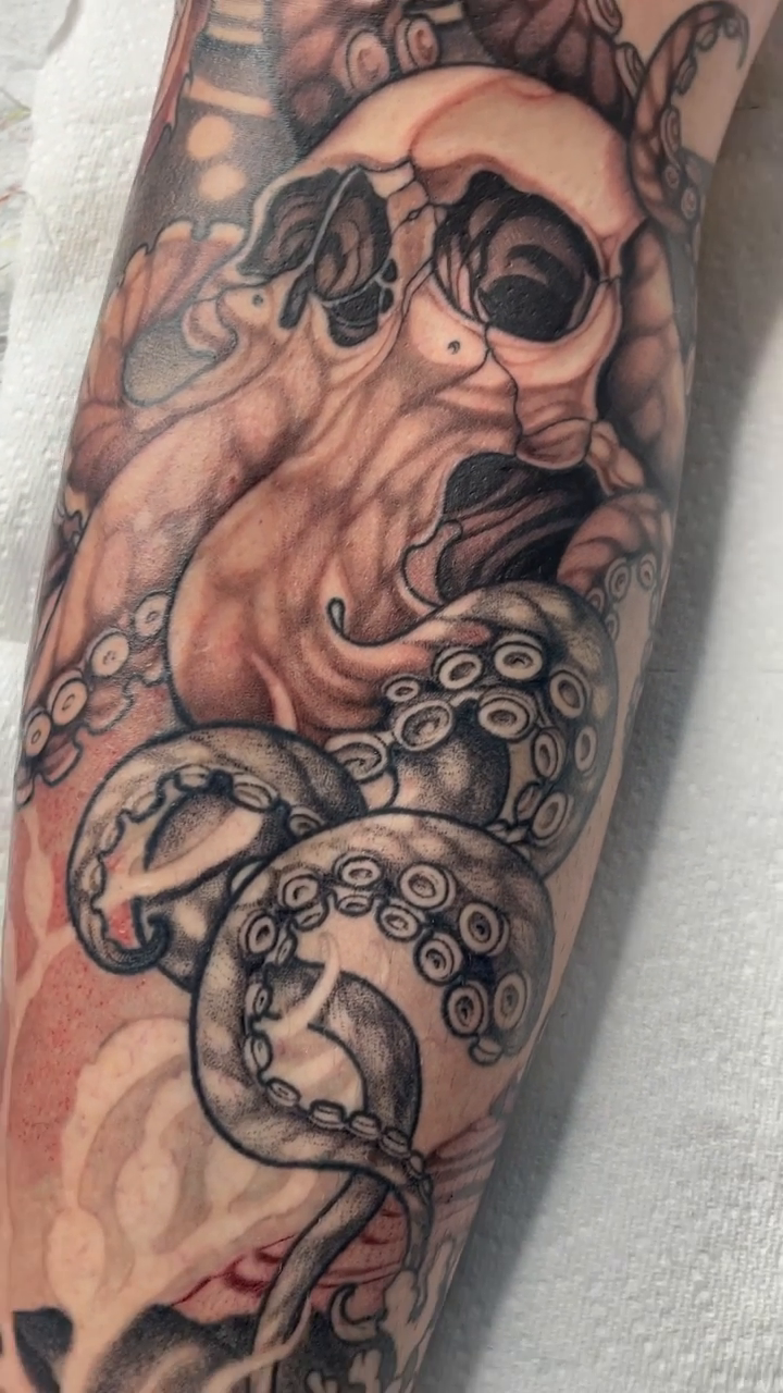 Skull and octopus japanese irezumi tattoo by Madelyn Roberts, Bellingham, Washington