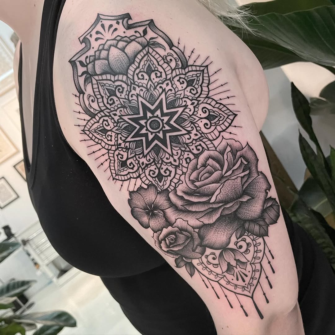 Mandala and roses ornamental tattoo on the shoulder by Lisa Nikolopoulos, New York, New York