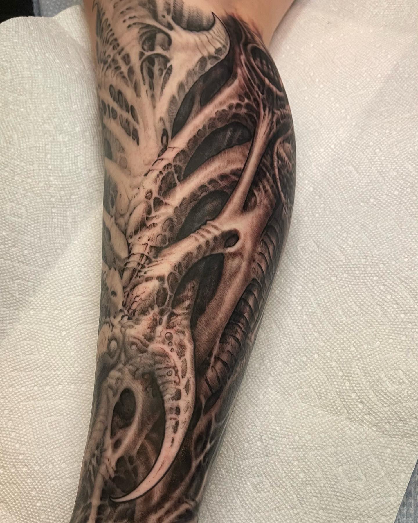 Biomechanical structure realism tattoo on the forearm by Shaine Smith, Durham, North Carolina