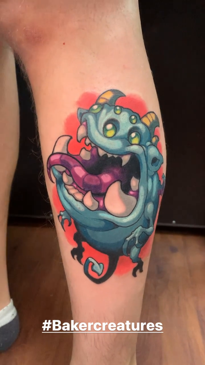 Cartoon monster new school tattoo by shane baker