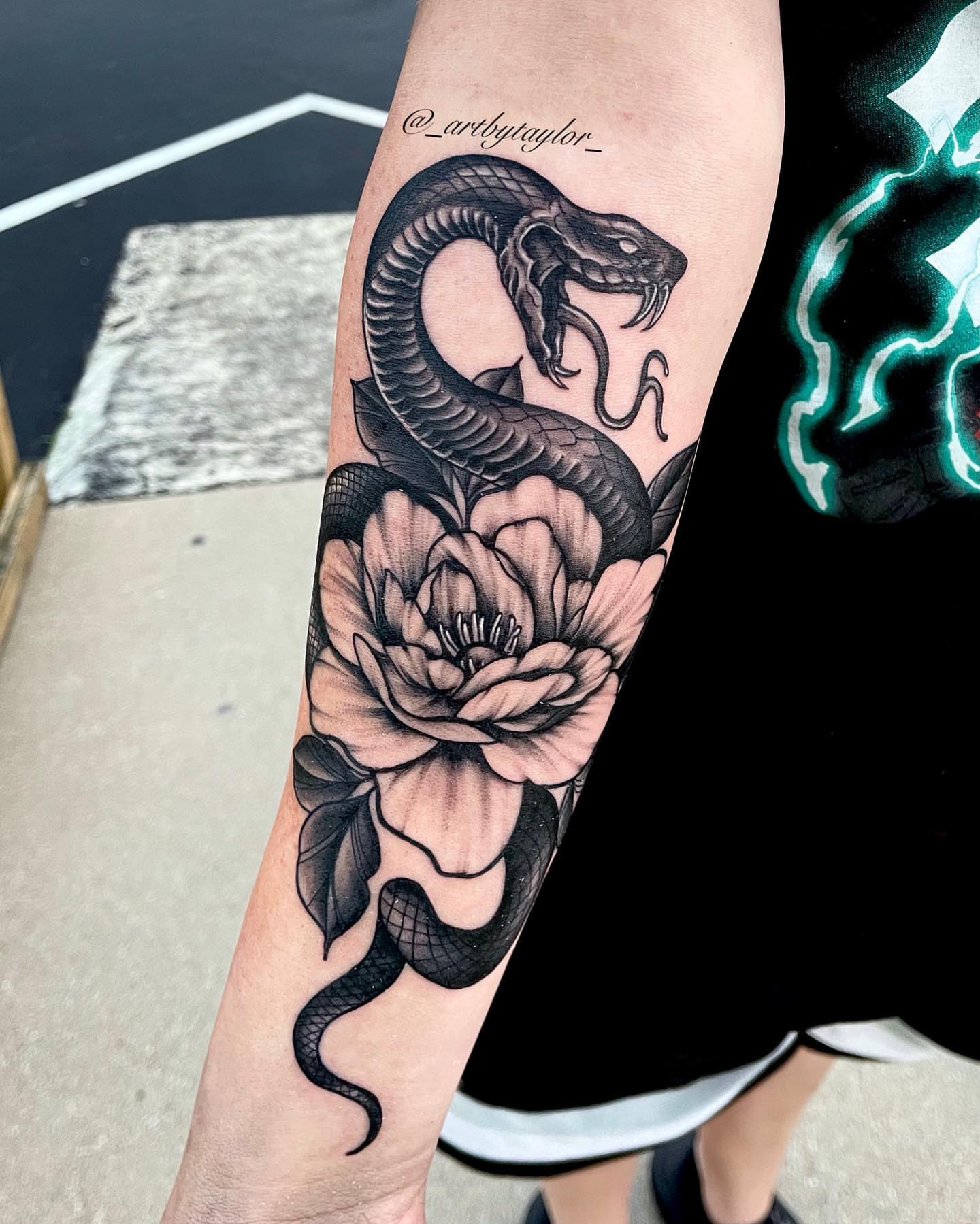 Snake and peony realism tattoo on the forearm by Taylor✍🏽️