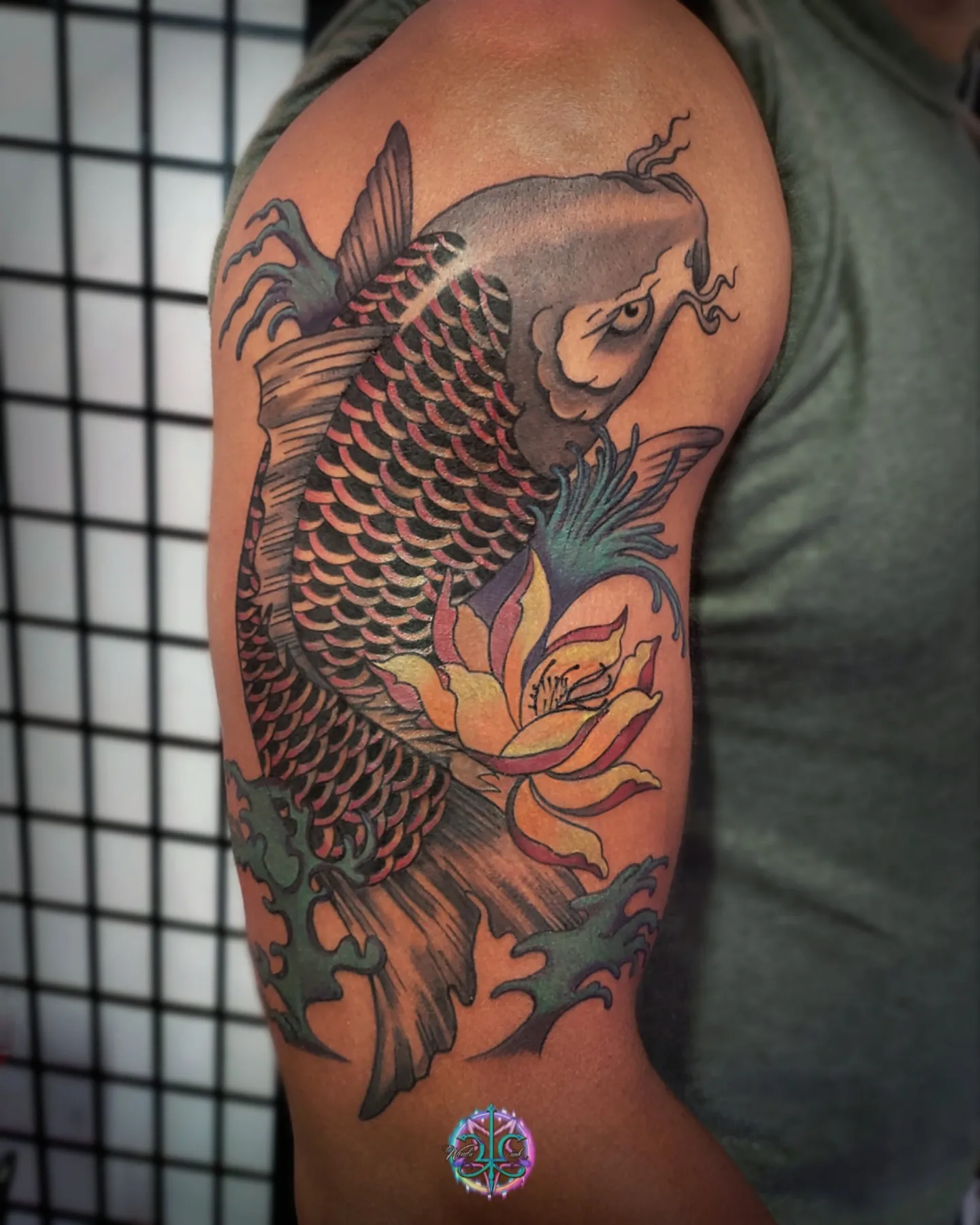 Koi fish and lotus flower japanese irezumi tattoo on the shoulder by Wendii Calderon