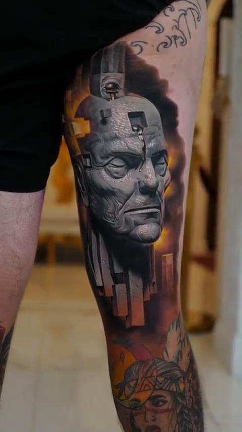 Sculptural head with abstract background realism tattoo by Jacob Sheffield, Grand Junction, Colorado
