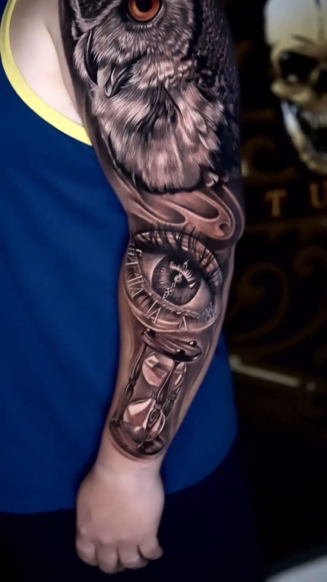 Owl and clockwork elements realism tattoo by Juan Ortega