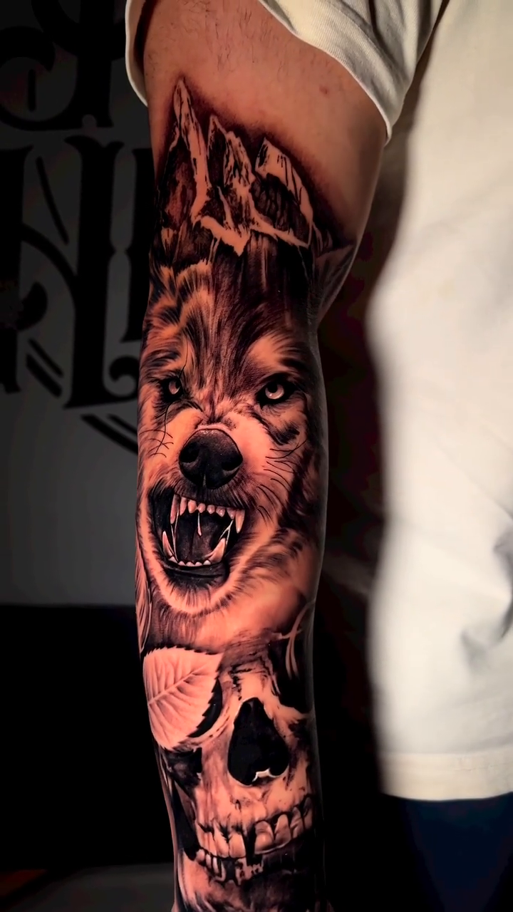 Wolf and skull realism tattoo by P.Lok