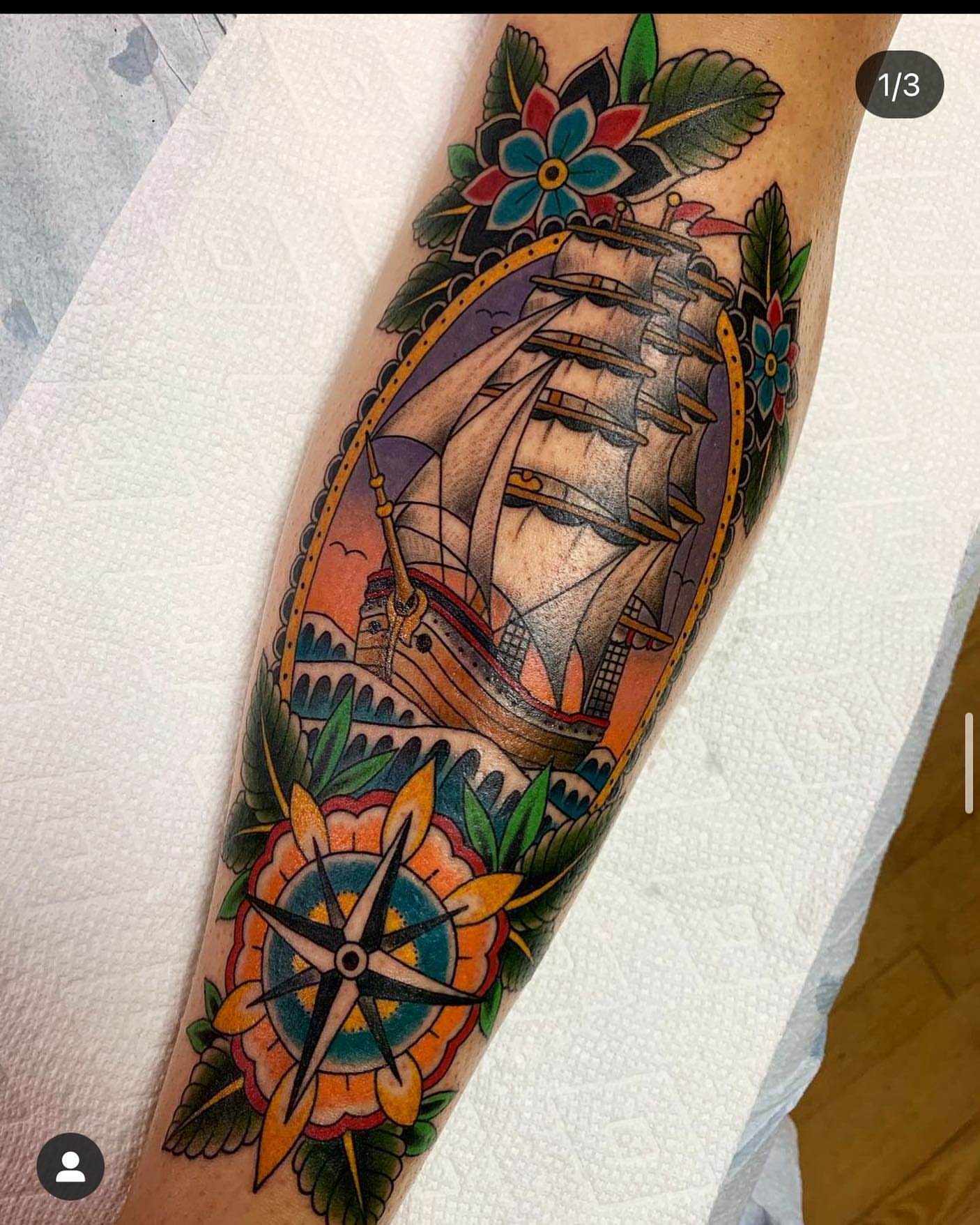 Ship and compass American traditional tattoo on the forearm by Ethan Bennett