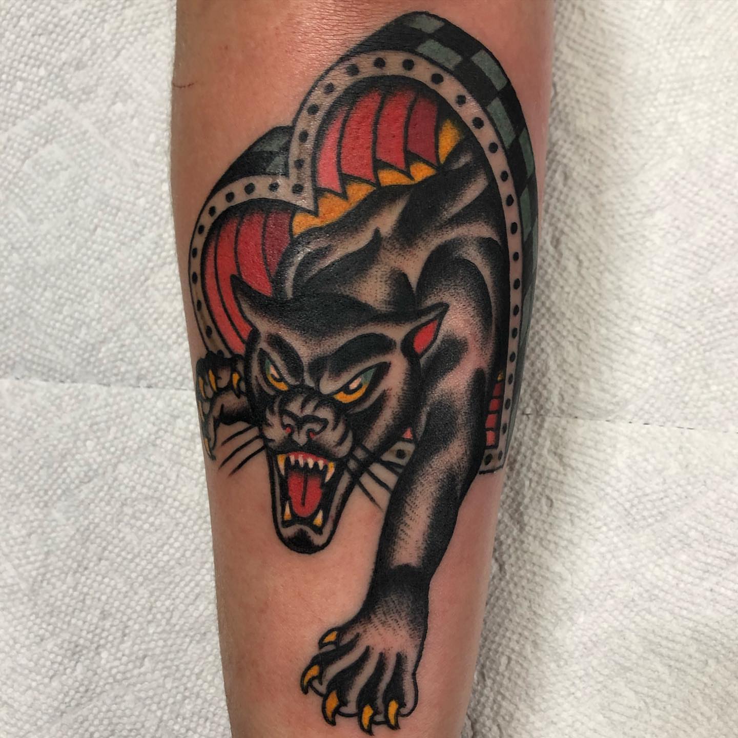 Panther American traditional tattoo on the forearm by Sean McMahon
