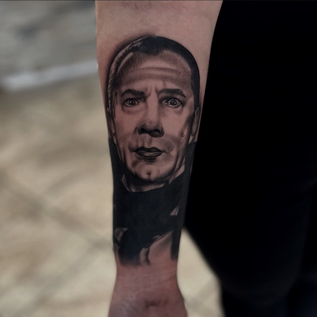 Portrait realism tattoo on the forearm by Aaron Carey, Salem, Oregon