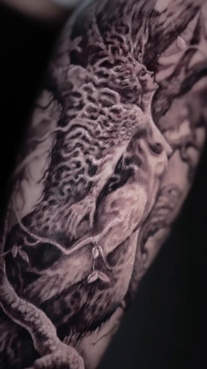 Tattoo by @inkedbydaniela — dark_realism, black_and_grey