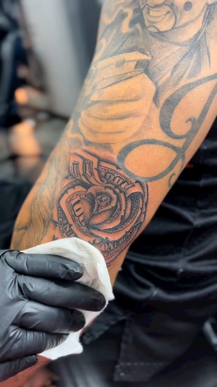 Rose and script realism tattoo by Myles Manuel Lopez, Phoenix, Arizona