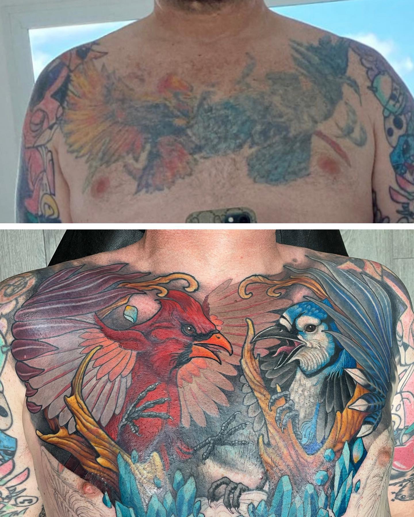 Birds realism tattoo on the chest by Erin Chance