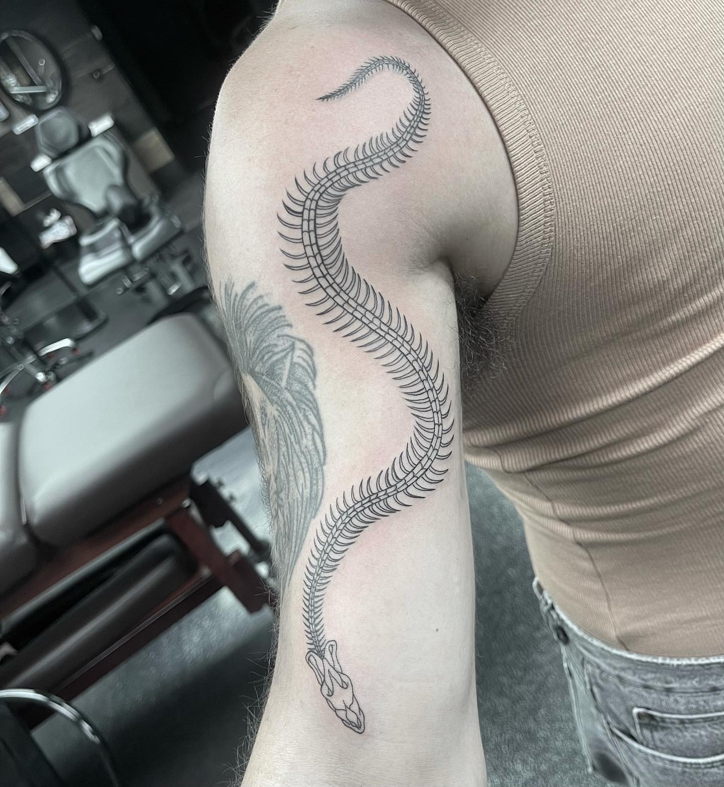 Snake black and grey tattoo on the upper arm by π»ππππ β½ πΏππππ, Franklin, Tennessee