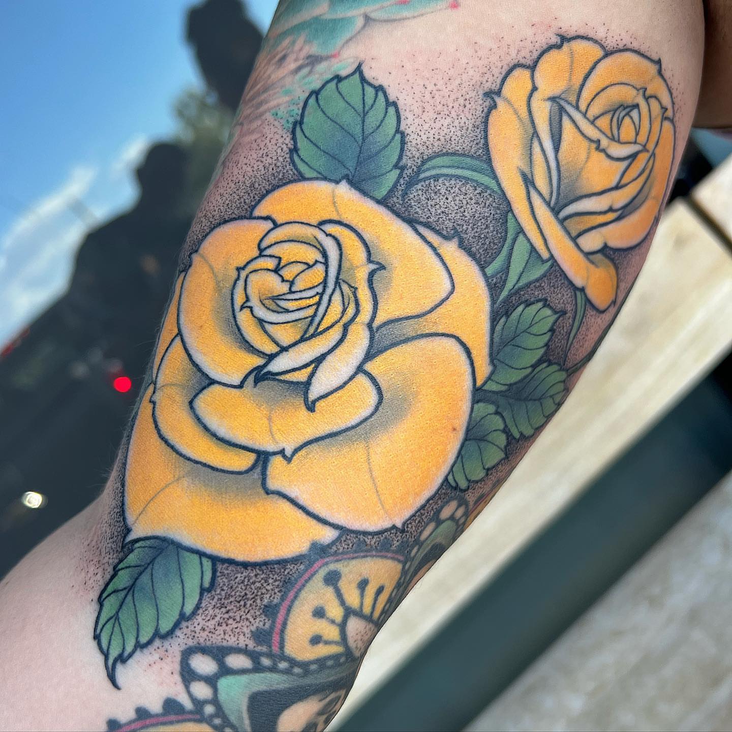 Yellow roses American traditional tattoo on the forearm by Byron Winkelman, Gilbert, Arizona
