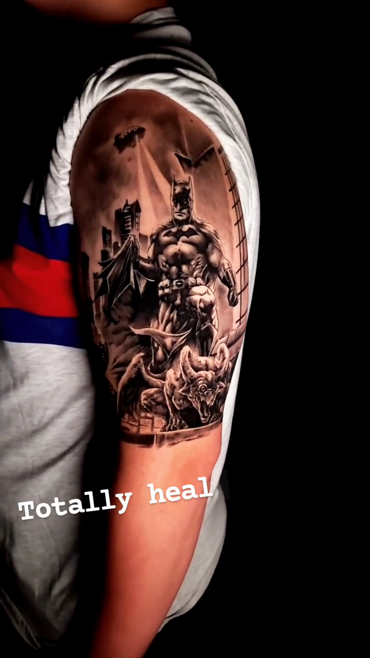 Batman in a graveyard dark realism tattoo by David R