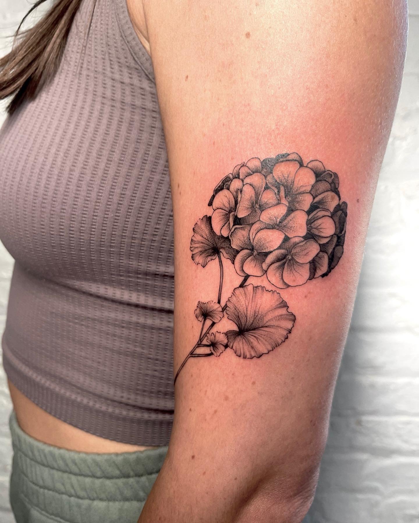 Geranium black and grey tattoo on the forearm by 𓆏 Alyssa Carbonara 𓆏