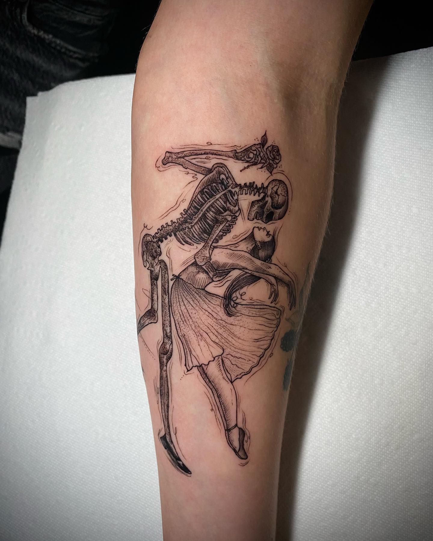Ballerina skeleton realism tattoo on the forearm by Dayana✨