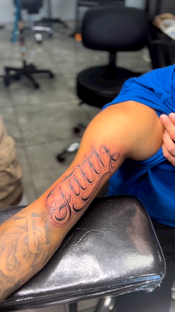 Faith lettering script tattoo by Myles Manuel Lopez, Phoenix, Arizona