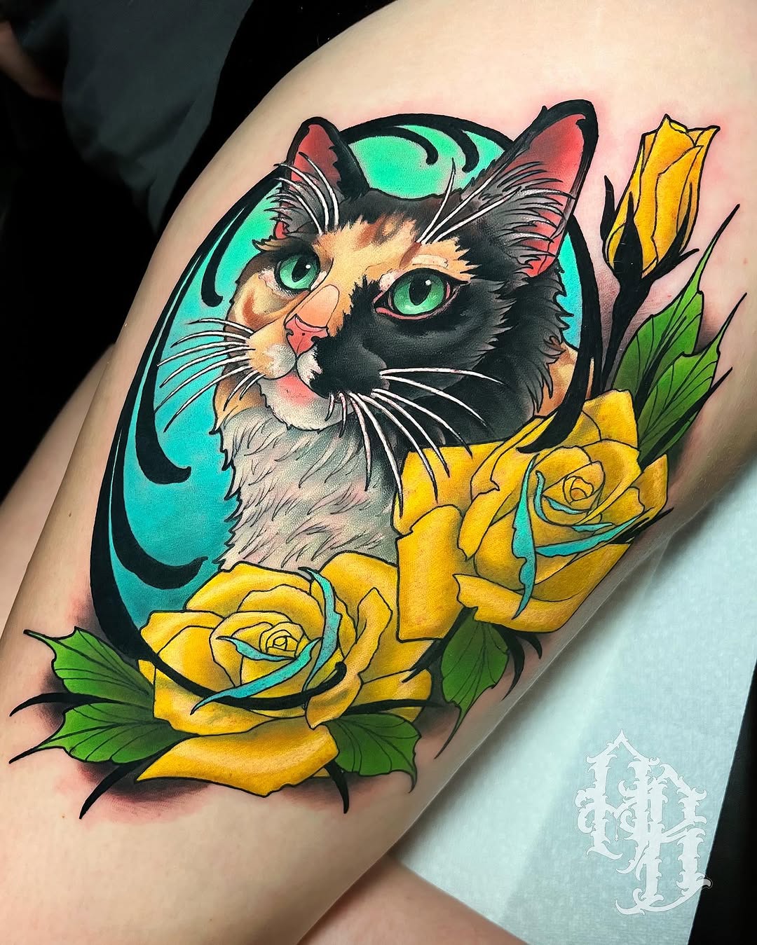 Calico cat with yellow roses neo-traditional tattoo on the thigh by Austin Britt