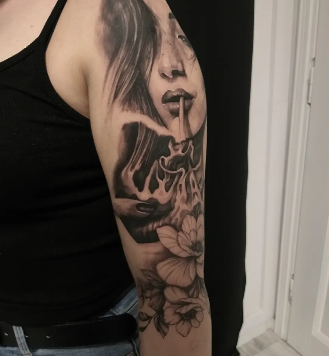 Woman smoking realism tattoo on the forearm by πΈπππ πππ€