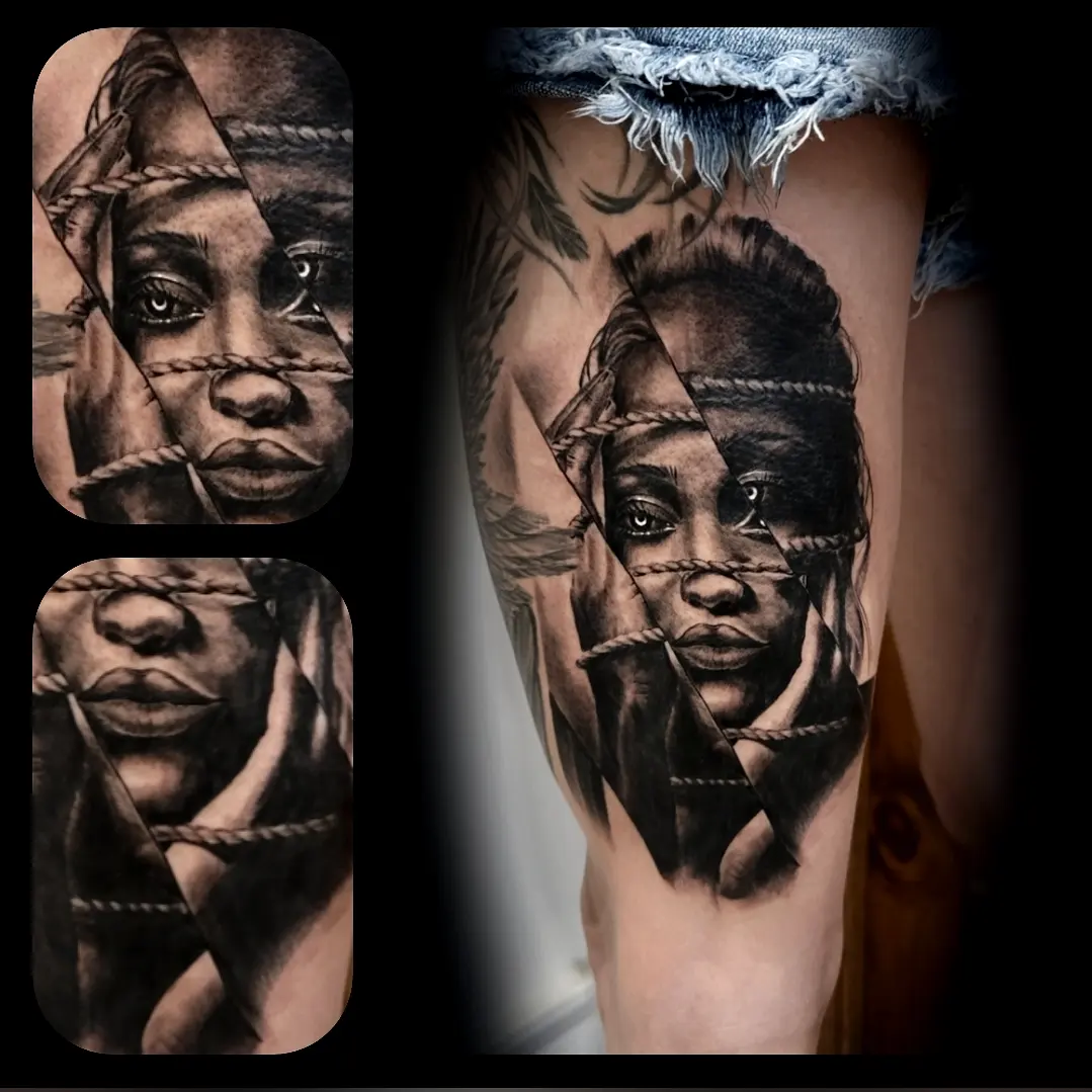 Woman with rope realism tattoo on the thigh by Jack Daniel Knowlden