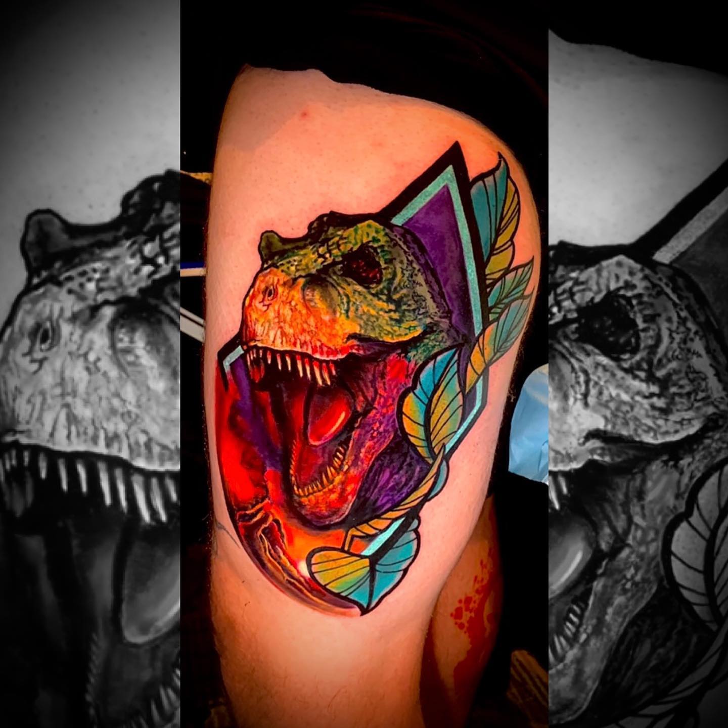 T-Rex new school tattoo on the thigh by Joseph Delaparra