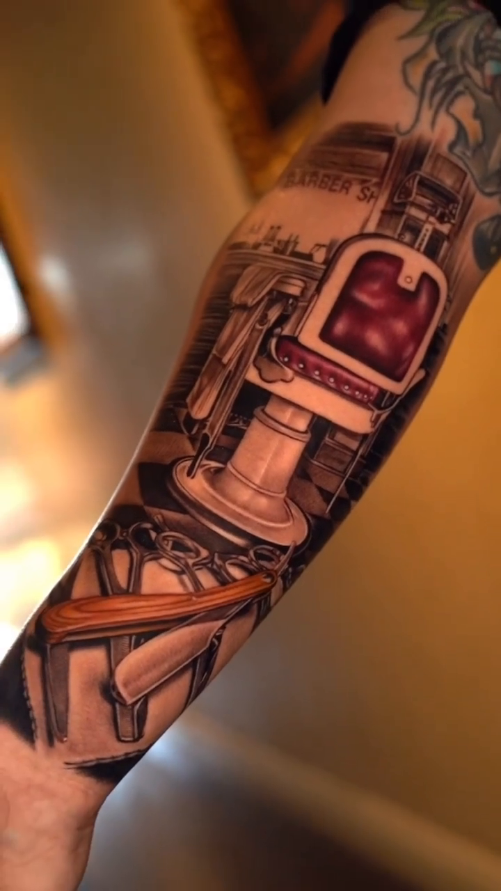 Barber chair and tools realism tattoo by Alan Delarosa