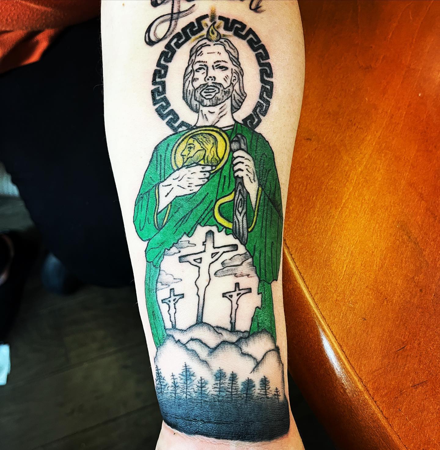 Religious figure American traditional tattoo on the forearm by Anna DeLuna