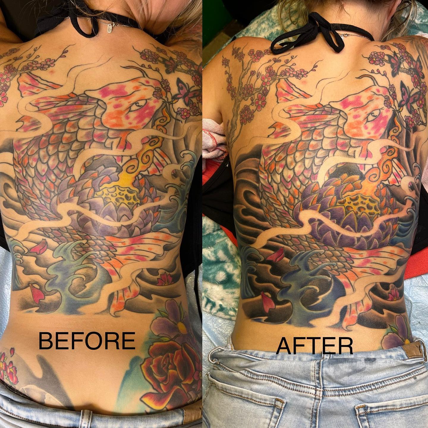 Koi fish and cherry blossoms japanese irezumi tattoo on the back by Glen Wallis